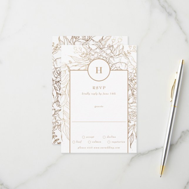Premium Elegant Gold Monogram Wreath Wedding RSVP Karte (Vorderseite/Rückseite Beispiel)