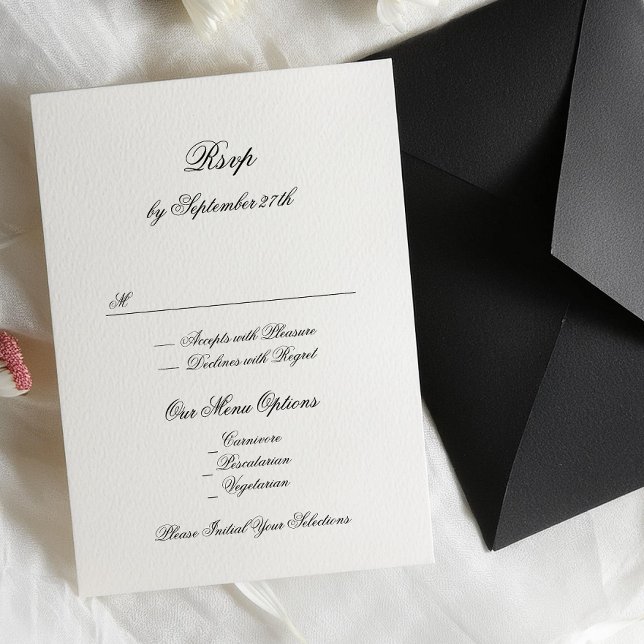 Premium formale Schwarz/Weiß Classic Hochzeit RSVP Karte (Von Creator hochgeladen)