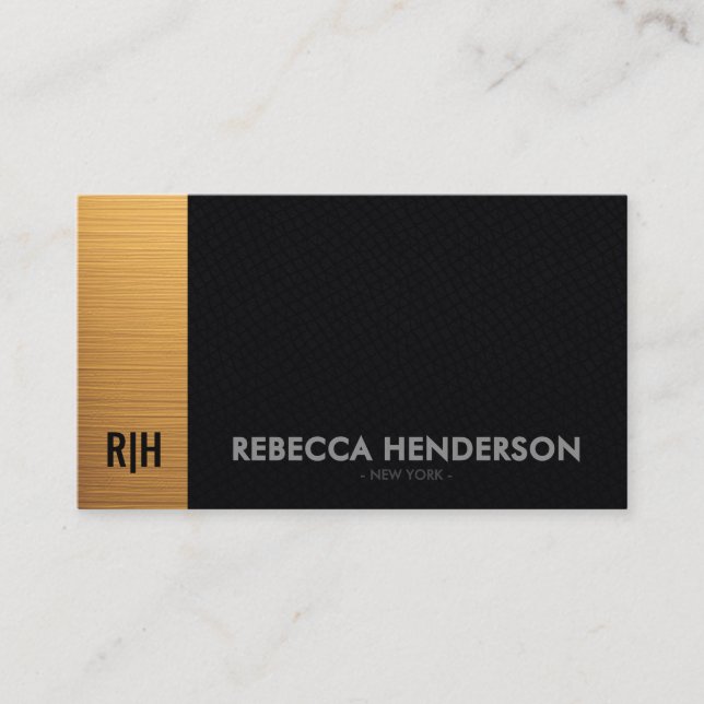Premium Gold Black Leather & White Back Monogram Visitenkarte (Vorderseite)