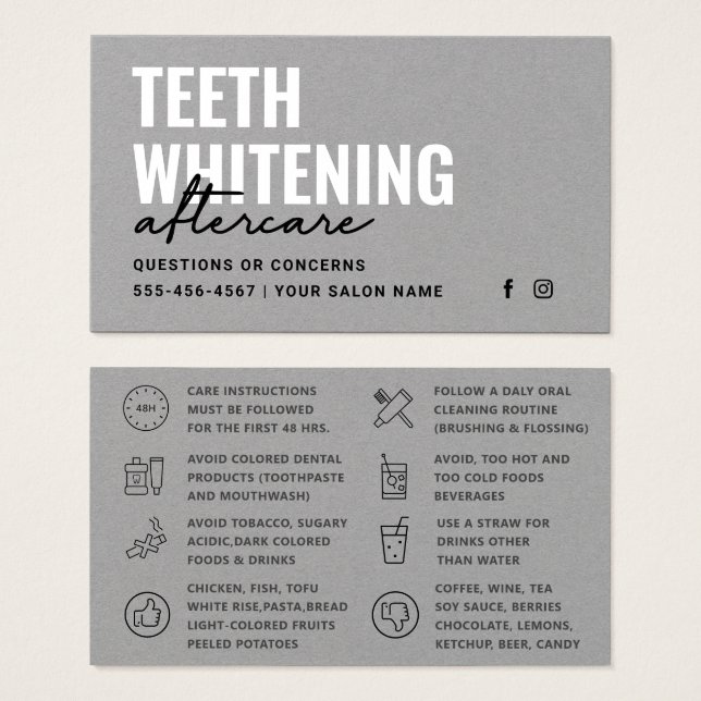 Premium Grau Modern Teeth Whitening Aftercare Card (Vorne & Hinten)