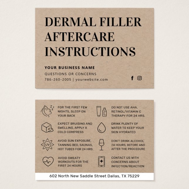 Premium Kraft Dermal Filler Aftercare Advisor Card (Vorne & Hinten)