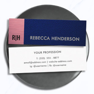 Premium Navy Blaues Leder & Rosa Panel Monogramm Mini Visitenkarte