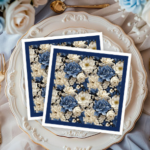 Premium Navy Weiß Elfenbein Blumen Luxus Serviette