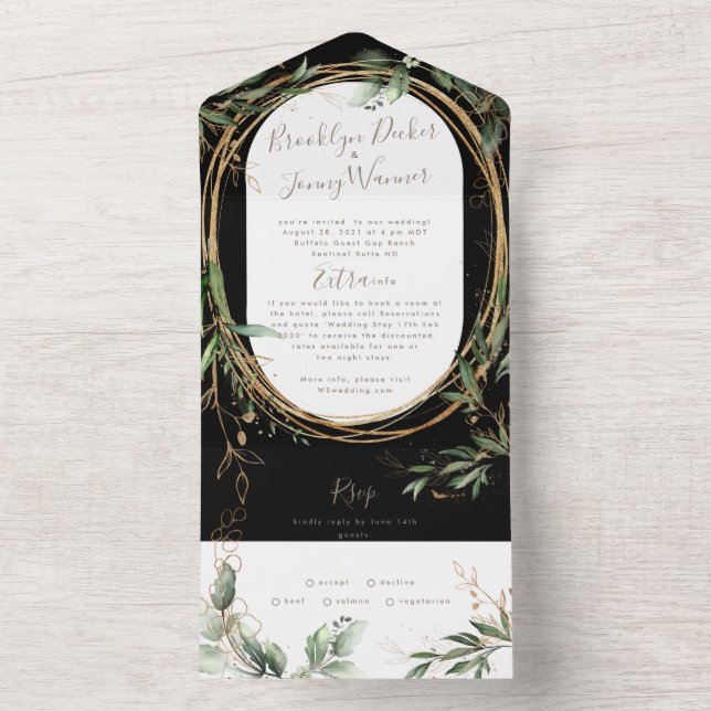 Premium Onyx Black Greenery Eucalyptus Wedding All In One Einladung (Innen Boden)