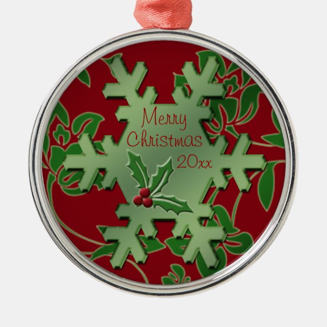 Premium-Ornament Rote Flora und Grüne Schneeflocke Silbernes Ornament (Vorne)