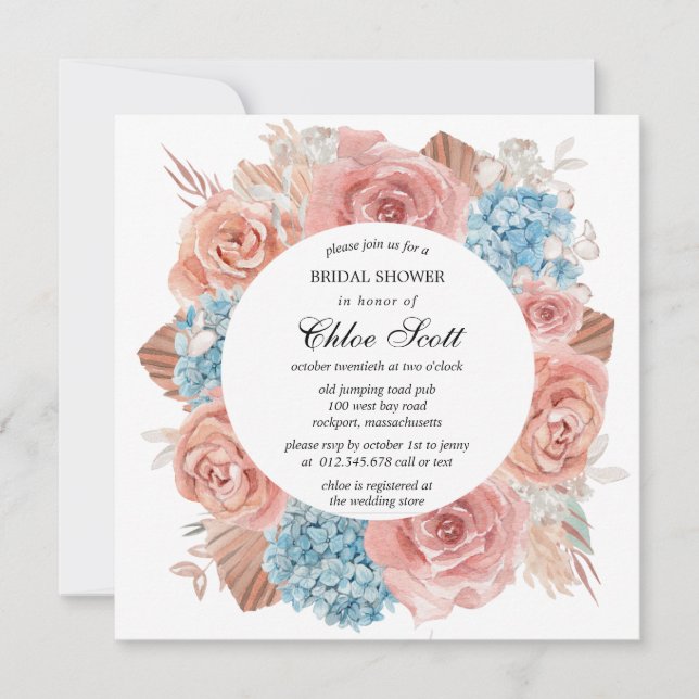 Premium Pink Rose Blue Hydrangea Brautparty Einladung (Vorderseite)