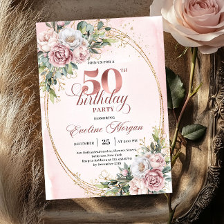 Premium Rose Gold Floral 50th Birthday Invitation Einladung