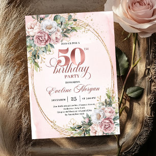 Premium-Roségold-Blumen-Einladung zum 50. Geburtst Einladung