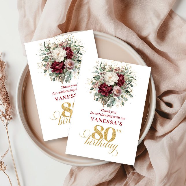 Premium Rouge Bordeaux 80. Geburtstag Danke  (Premium Blush Burgundy 80th Birthday Thank You Card)