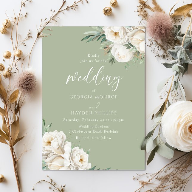 Premium Sage & White Floral Wedding  Einladung (Von Creator hochgeladen)