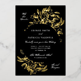 Premium Schwarze Hochzeit mit echter Goldblumen-Ha Folieneinladung