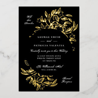Premium Schwarze Hochzeit mit echter Goldblumen-Ha Folieneinladung