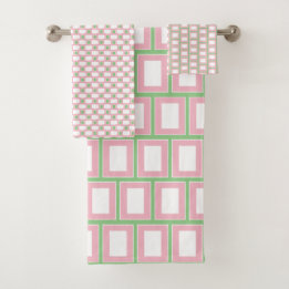 Preppy 1980s Pink White Green Geometric Pattern Badhandtuch Set