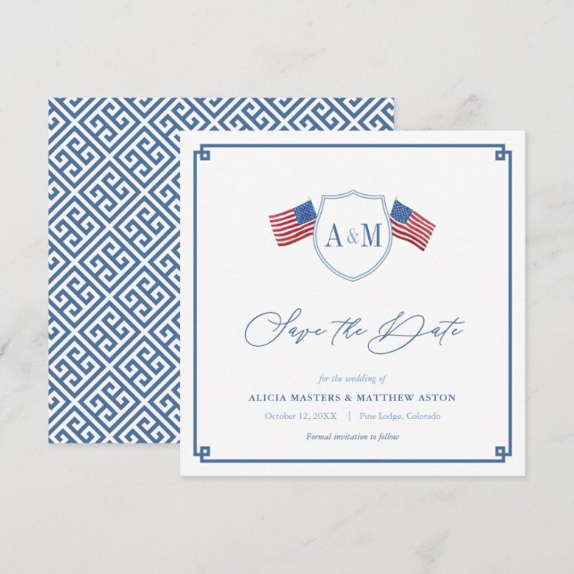 Preppy All-American Red White Blue Wedding Save The Date (Vorne/Hinten)