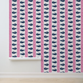 Preppy Alligator Greek Key Stripe Navy & Hot Pink Tapete