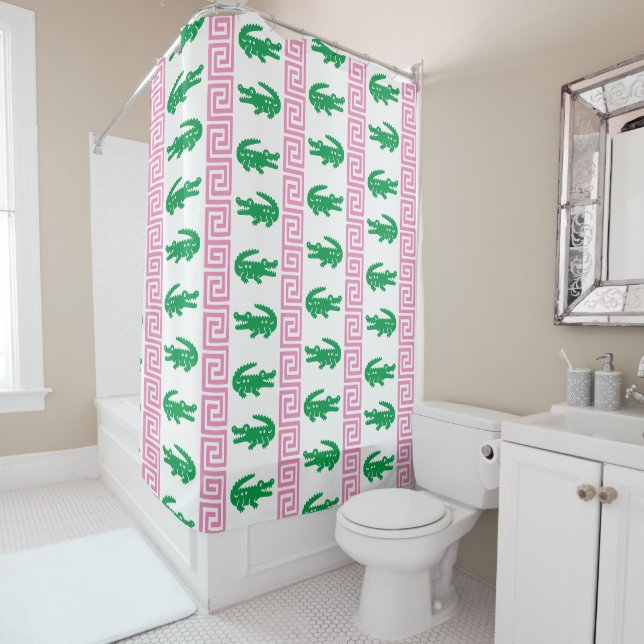 Preppy Alligator Greek Key Stripe – Pink & Green   Duschvorhang (Beispiel)