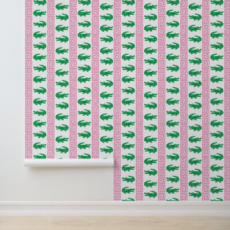 Preppy Alligator Greek Key Stripe – Pink & Green Tapete