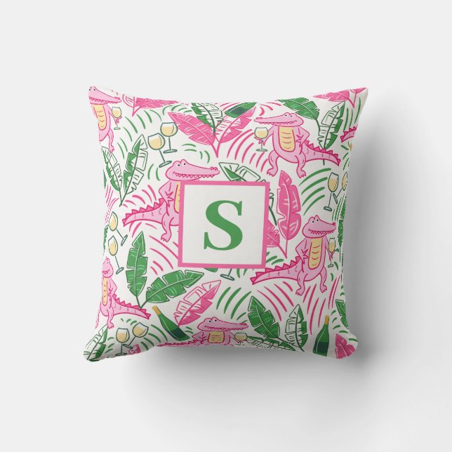 Preppy Alligator Wine Pink Green Monogram Kissen (Rückseite)
