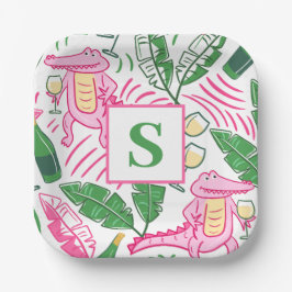 Preppy Alligator Wine Pink Green Monogram Pappteller