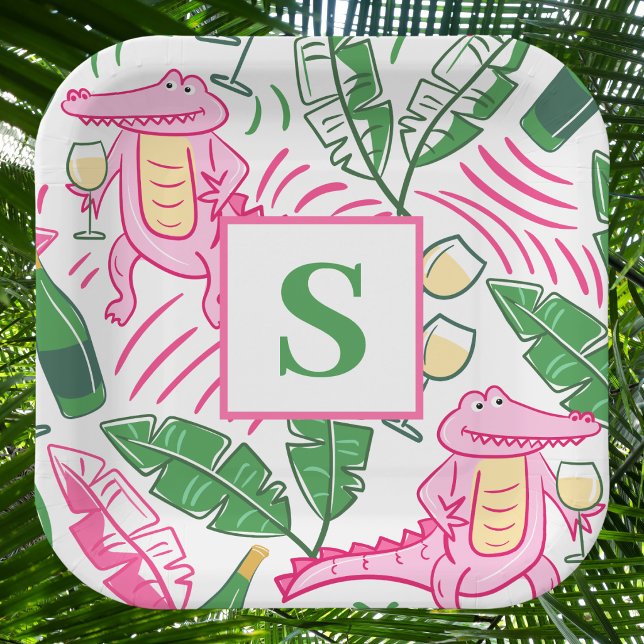 Preppy Alligator Wine Pink Green Monogram Pappteller (Von Creator hochgeladen)