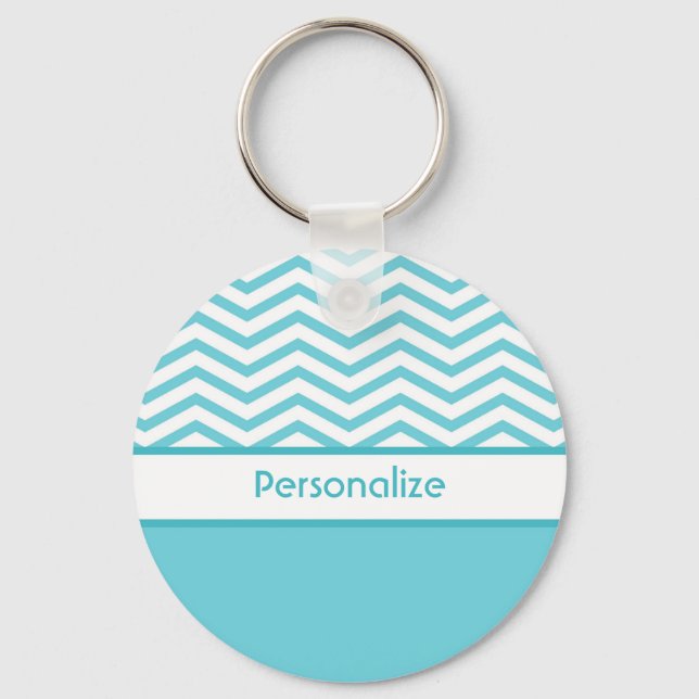 Preppy Aqua Blue und White Chevrons mit Namen Schlüsselanhänger (Vorderseite)