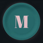 Preppy Aquamarin rosa Modernes, weibliches Mit Mon Pappteller<br><div class="desc">Präftiges,  einfaches,  minimalistisches Party mit monogrammatischem Design in tiefblaugrünen und pastellrosa Farbtönen.</div>
