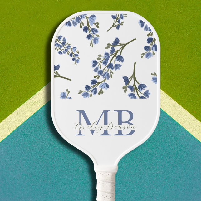 Preppy-Ästhetik Retro-Wildblumen Blue Monogram Pickleball Schläger (Preppy Blue Wildflowers  Pickleball Paddle - old money aesthetic)