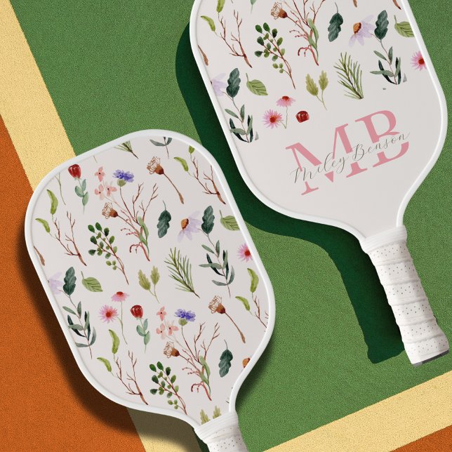 Preppy-Ästhetische Retro-Wildblumen Niedlich Monog Pickleball Schläger (Preppy gift - personalized floral wildflower pickleball paddle)