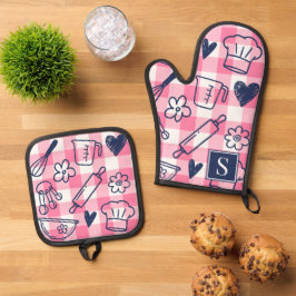 Preppy-Bäckerei Pink Gingham  Ofenhandschuh & Topflappen-Set