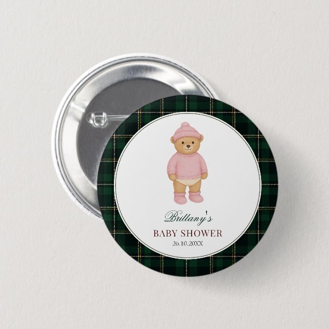 Preppy-Bär-Grün-Kariert-Baby-Party-Button Button (Vorne & Hinten)