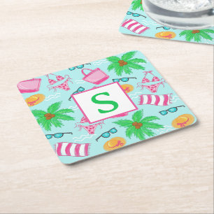 Preppy Beach Palm Trees Monogram Rechteckiger Pappuntersetzer