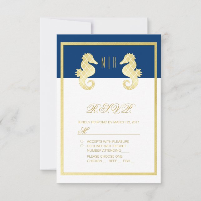 Preppy Beach Seepferd Navy Gold Wedding RSVP (Vorderseite)