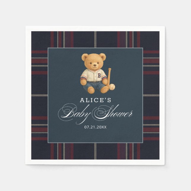 Preppy Bear Baseball Navy Blue Baby Dusche Napkins Serviette (Vorderseite)