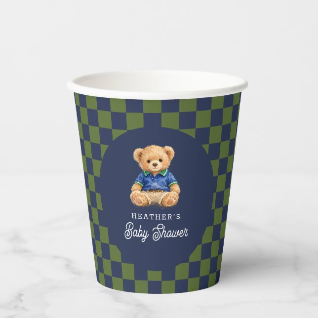 Preppy Bear Checkboard Baby Shower Pappbecher (Vorderseite)