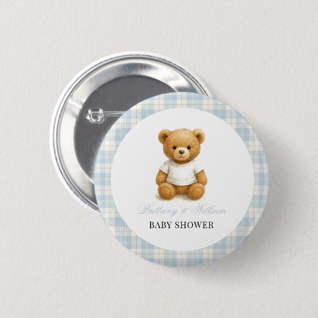 Preppy Bear Designer Blue Kariert Baby Dusche Button (Vorne & Hinten)