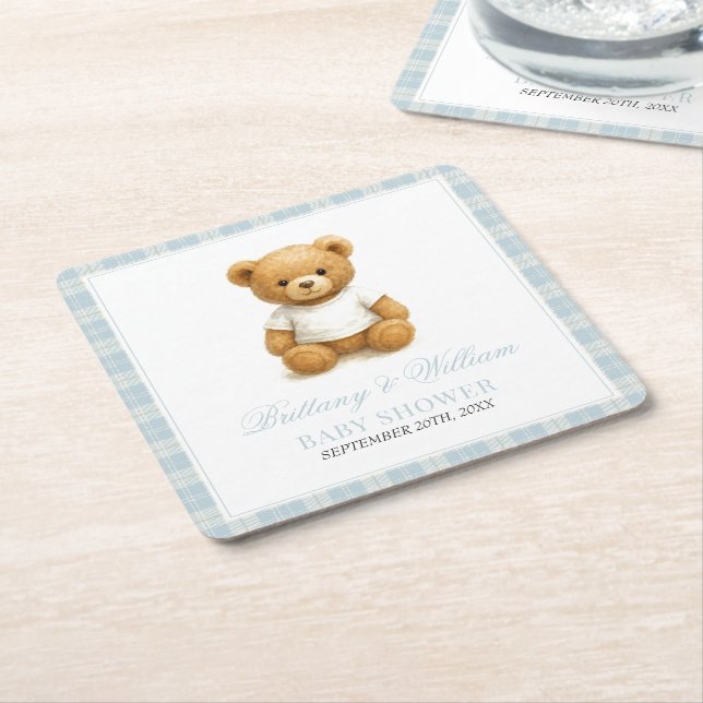 Preppy Bear Designer Blue Kariert Baby Dusche Rechteckiger Pappuntersetzer (angewinkelt)