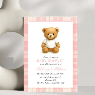 Preppy Bear Elegant Pink Kariert Baby Dusche Einladung