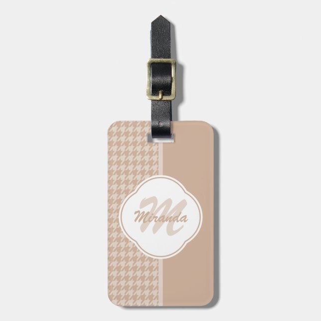 Preppy Beige und TAN-Hahnentrittmuster-Monogramm Gepäckanhänger (Vorderseite vertikal)