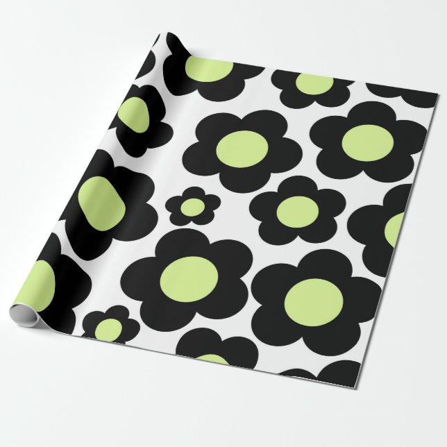 Preppy Black Neon Green Hippie Blume Pattern Geschenkpapier (Ungerollt)