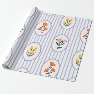 Preppy Blau gestreifte florale Cameo-Folk-Art Geschenkpapier