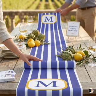 Preppy Blau-Weiß gestreift mit goldenem Monogramm Großer Tischläufer