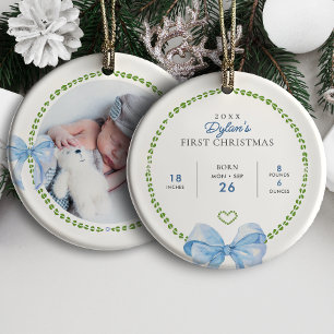 Preppy Blaue Schleifen Baby Weihnachten Foto zum e Keramik Ornament