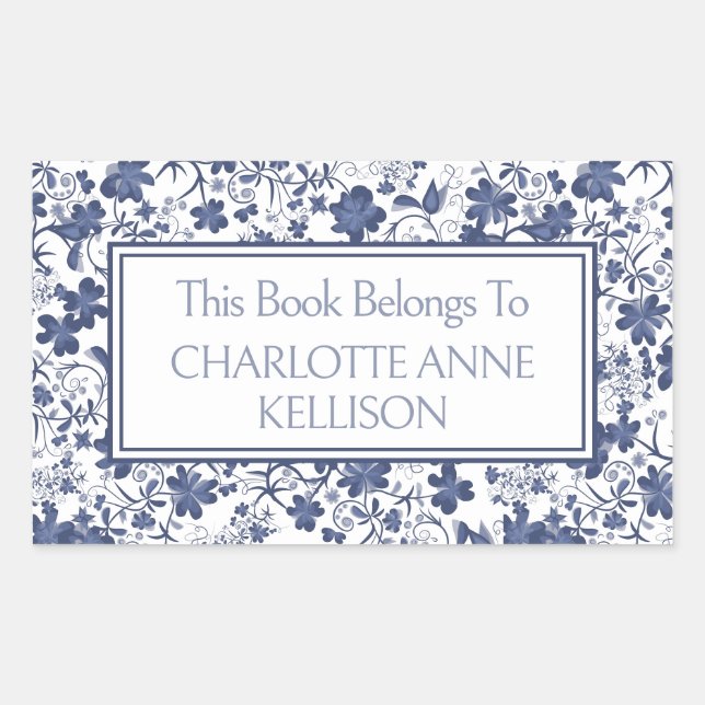 Preppy Blue and Gray Floral Buchzeichen Rechteckiger Aufkleber (Vorderseite)