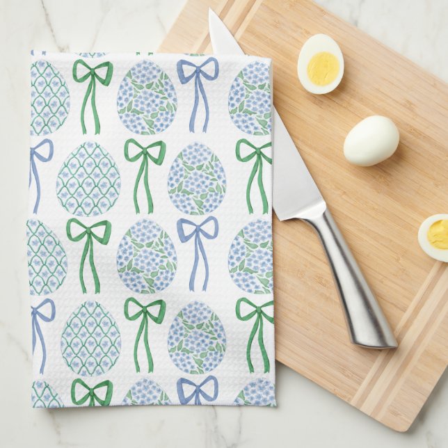 Preppy Blue and Green Oaster Bows and Eggs Geschirrtuch (Viertel Falte)