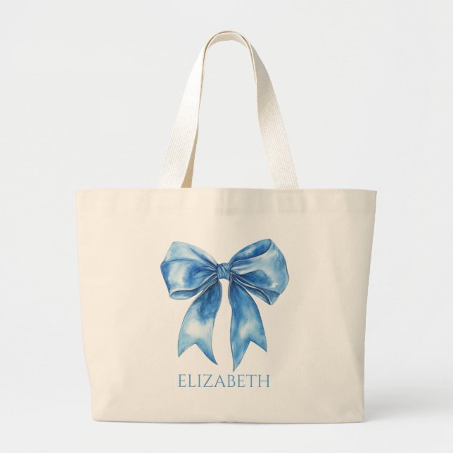 Preppy Blue and White Bow Personalized Jumbo Stoffbeutel (Vorne)