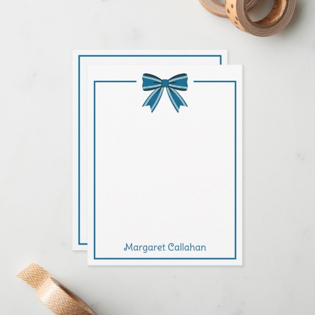 Preppy Blue and White Bow Personalized Mitteilungskarte (Vorderseite/Rückseite Beispiel)