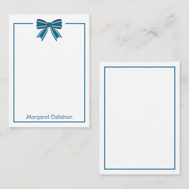 Preppy Blue and White Bow Personalized Mitteilungskarte (Vorne/Hinten)
