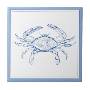 Preppy Blue and White Crab an der Küste Fliese