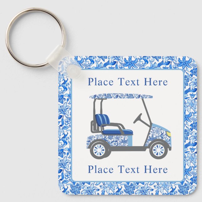 Preppy Blue and White Flowers Golf Cart Schlüsselanhänger (Vorderseite)