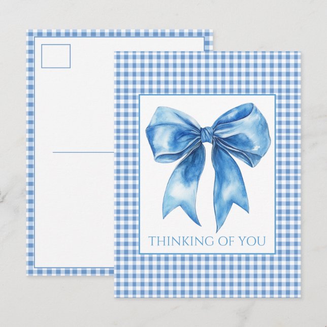 Preppy Blue and White Gingham Plaid and Bow Postkarte (Vorne/Hinten)